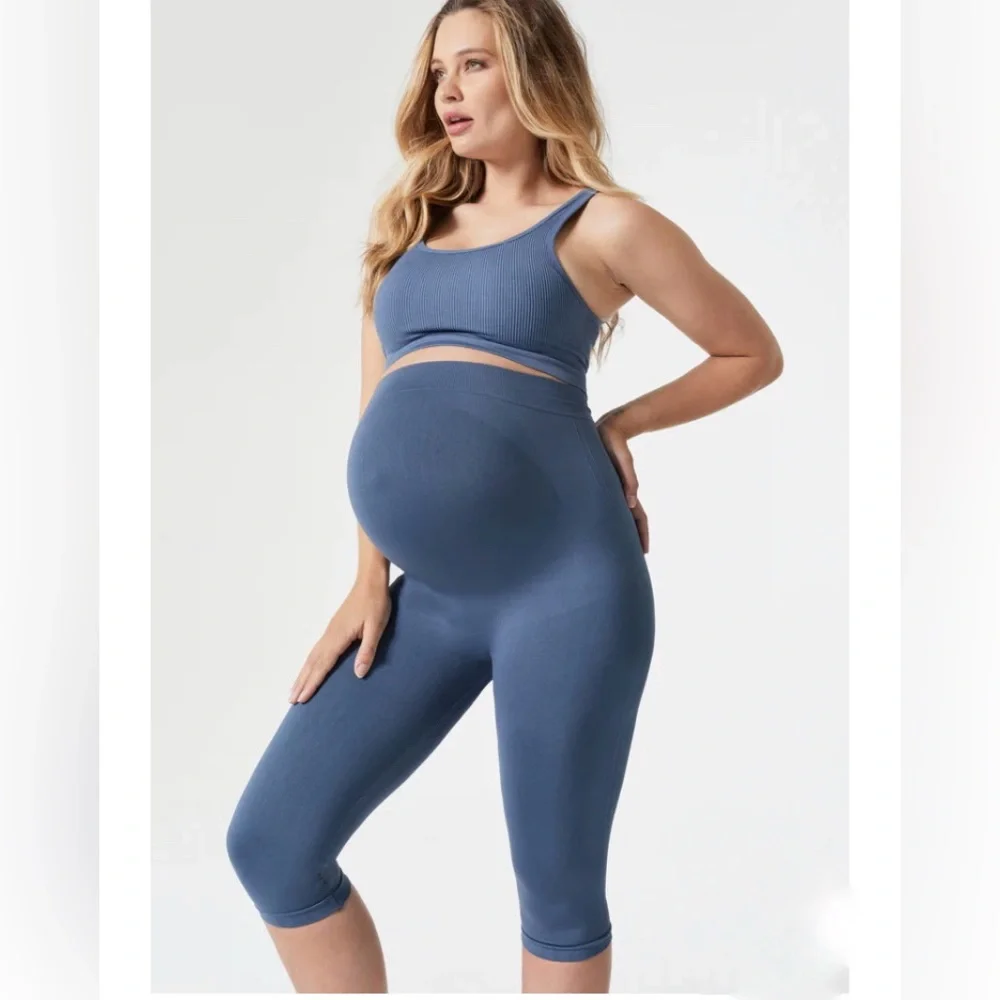 Blanqi Maternity Belly Support Crop Leggings Large Oil Blue